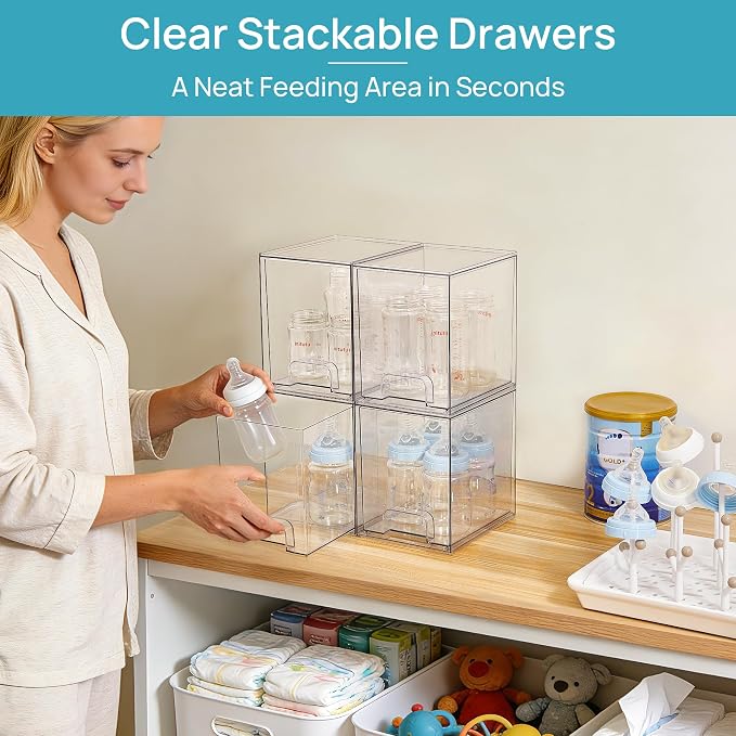 Vtopmart Clear Stackable Storage Drawers, 4 Pack Tall Plastic Organizers | - Image 3