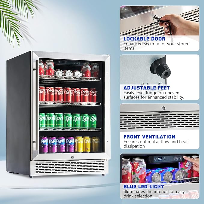 Jocisland 24 Inch Beverage Refrigerator, Built-In or Freestanding Fridge with Glass Door, LED Touch Control, Adjustable Shelves, Holds 207 Cans, Under Counter Beer & Wine Cooler, 34–64℉