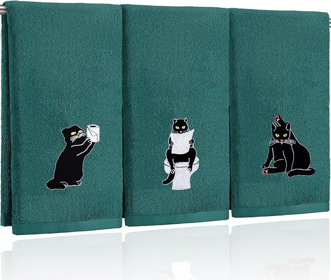 3 Pcs Cat Hand Towels for Bathroom Decor | Embroidered Black Cat Design by FuWeave