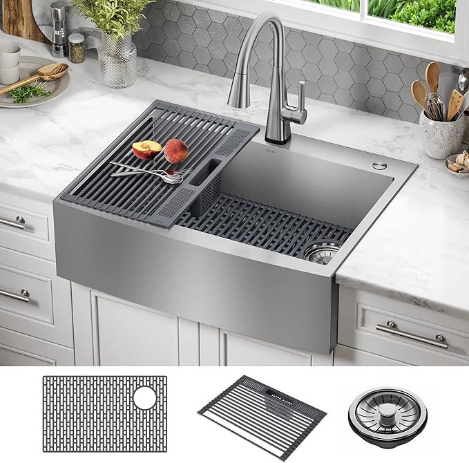 DELTA FAUCET Delta Lenta 30-inch Retrofit Farmhouse Apron Front 16 Gauge Stainless Steel Single Bowl Kitchen Sink for Undermount/Drop-In Installation with Accessories, 95J132-T30S-SS