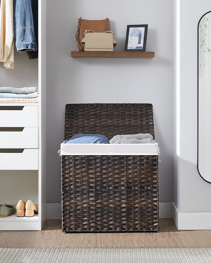 SONGMICS Laundry Hamper with Lid, 130L Double Wicker Basket, 6 Mesh Bags - Image 9