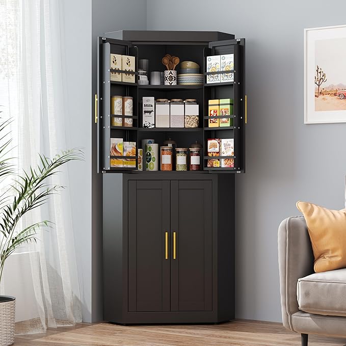 63" Tall Metal Corner Kitchen Pantry Cabinet, Steel Storage Cabinets with 4 Doors and 3 Shelves, Kitchen Food Cabinets with 6 Door Panel Shelves, Farmhouse Cupboard for Kitchen Dining, Black