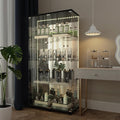 Yoluckea 4 Tiers Glass Display Cabinet with Bluetooth LED Light Strip, 2 Doors Floor Standing Curio Cabinet with Adjustable Feet and Mirror Back Panel, Black Glass Bookshelf for Collections, Wood Top