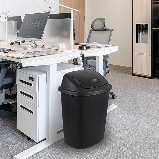 10 Gallon / 40 L Swing Lid Kitchen Trash Can, 4-Pack, Office, College, Classroom Garbage Bins, Plastic Waste Basket, Black