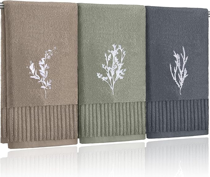 FuWeave 3 Pcs Boho Botanical Hand Towels Bathroom Kitchen Decor | Embroidered by FuWeave
