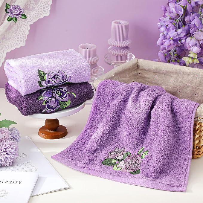 3 Pcs Purple Rose Hand Towels Lavender Purple Bathroom Decor | Embroidered - Image 4
