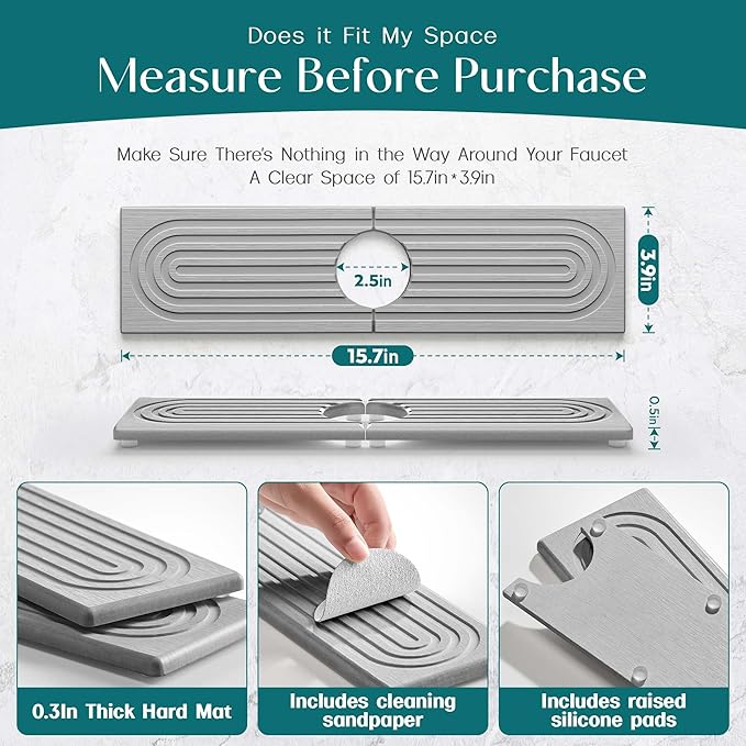 Kitchen Sink Faucet Mat - 15.7in Diatomite Sink Protectors for Kitchen Sink, Stone Sink Splash Guard for Kitchen Counter Sink Accessories (Grey, 15.7'' x 3.9'')