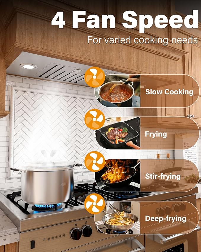 36 inch Stainless Steel Insert Range Hood - 900 CFM, Ultra-Quiet 4-Speed Vent, Button Control, LED Lights, Ducted/Ductless Convertible