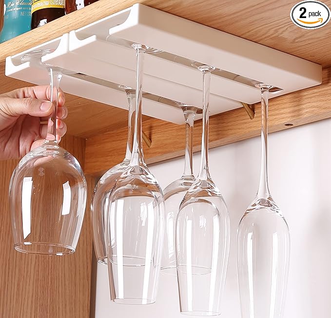 Wine Glass Holder Under Shelf Cabinet Wine Glass Rack Plastic Stemware Rack Glassware Drying Storage Hanger for Kitchen,Bar and Restaurant (White-2Pack)