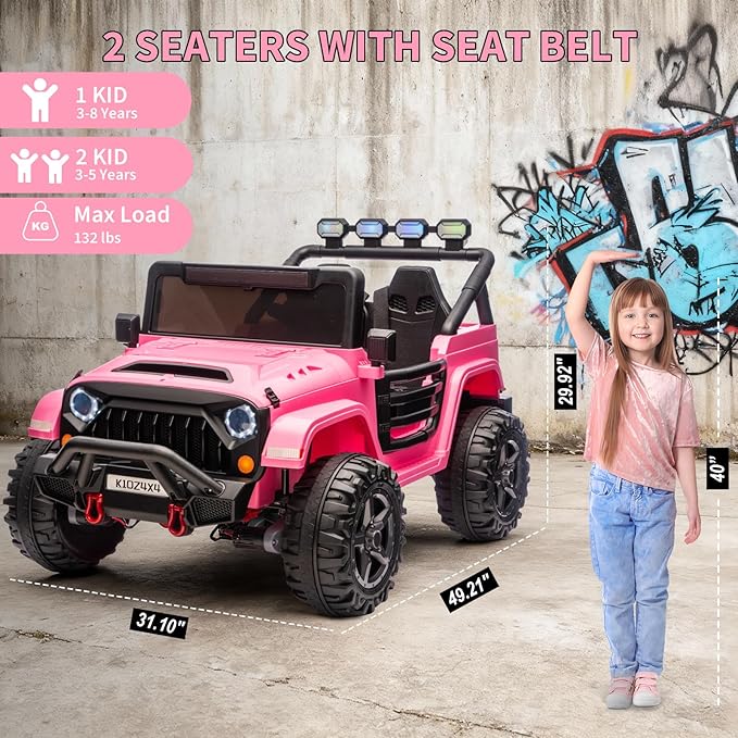 2 Seater Ride on Car Toy for Kids, 24V 4x4 Ride-on Truck, w/Parent Control, Soft Start, 3 Speed, 4-Wheeler Suspension, Bluetooth, LED Lights, Electric Car for Kids Toddler Ages 3-8, Pink