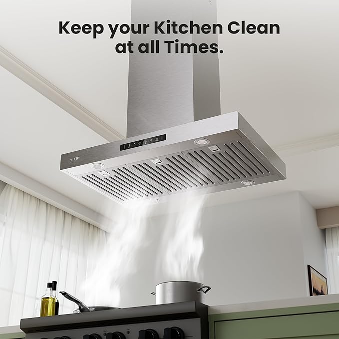 Island Range Hood 42 Inch, 980 CFM Island Mount Range Hood with Dual-Sided Touch/Gesture Control, Ceiling Mount kitchen Hood, Convertible Ducted/Ductless, 3-Speed Fan&4 LED Lights, 4 Baffle Filters