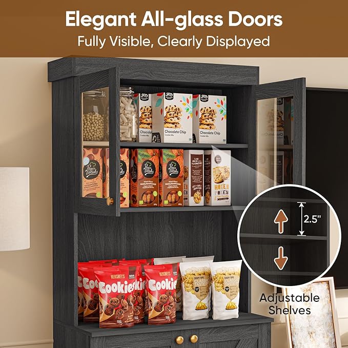 71" Tall Farmhouse Kitchen Pantry, Set of 2, Large Storage Cabinet with Glass Doors, Freestanding Coffee Bar Hutch with Microwave Stand, Adjustable Shelves for Kitchen, Living Room, Black