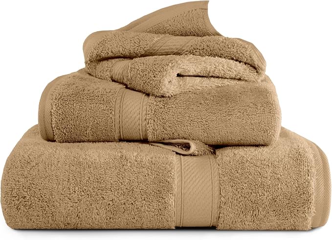 SUPERIOR Egyptian Cotton Ultra Plush & Absorbent, 3 Piece Set, Toast | Quick Dry by SUPERIOR