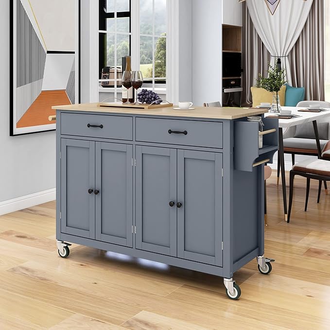 Favfurish Kitchen Island Cart on Locking Wheels with 4 Cabinet and 2 Drawers, Rolling Coffee Bar Trolley w/Solid Wood Tabletop, Adjustable Shelves, Spice & Towel Side Rack, for Dining Room, Gray