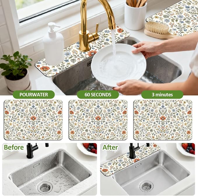 3 Pcs 2 Size Kitchen Sink Splash Guard Faucet Mat Wildflower Pattern Faucet Mat - Image 4