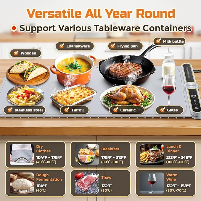 Warming Mat for Food, 24"x15" Food Warmer with 9-Temperature Adjustable, 1-6H Timer Electric Warming Tray Heat 6 Dishes, Child Lock, 8s Fast Heating, Foldable Food-Grade Silicone