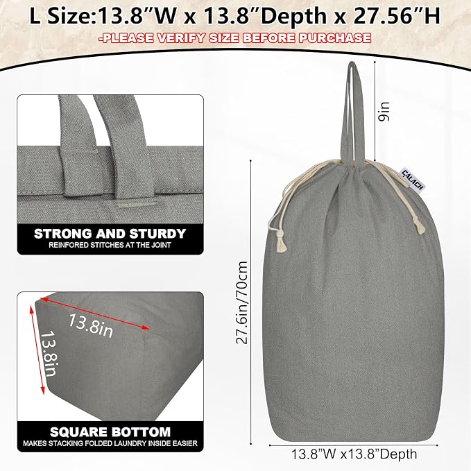 Canvas Laundry Bag with Handles & Square Base, 13.8"Wx13.8"Dx27.6"H - Image 2
