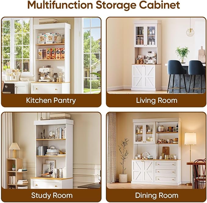 71" Farmhouse Kitchen Pantry Cabinet Set of 2, White Freestanding Coffee Bar Hutch with Glass Doors, Drawers & Adjustable Shelves, Large Storage Cabinet with Microwave Stand for Living Room & Kitchen