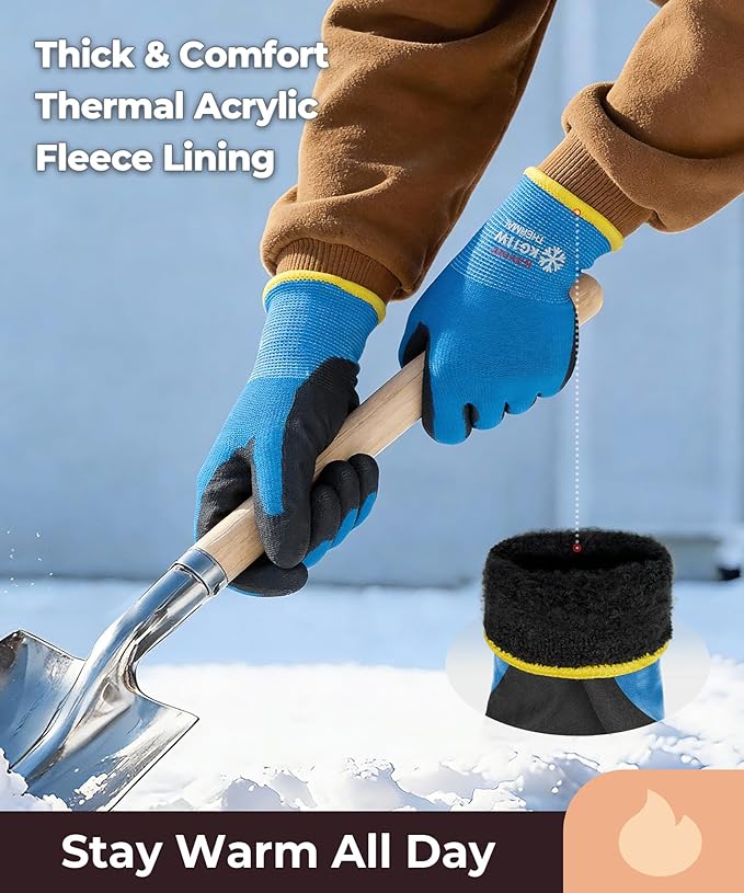KAYGO Winter Work Gloves for Men and Women, 12 Pairs Thermal Insulated Safety Work Gloves PU Coated, Smooth Grip on Palm & Fingers,Ideal for Freezer Work,Blue,XL