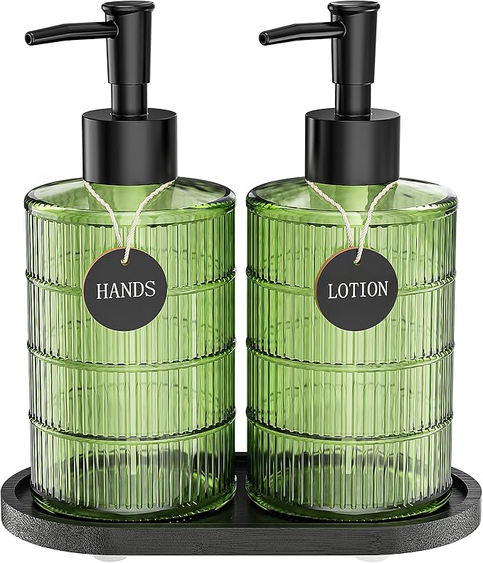 Green Glass Soap and Lotion Dispenser Set by masadi