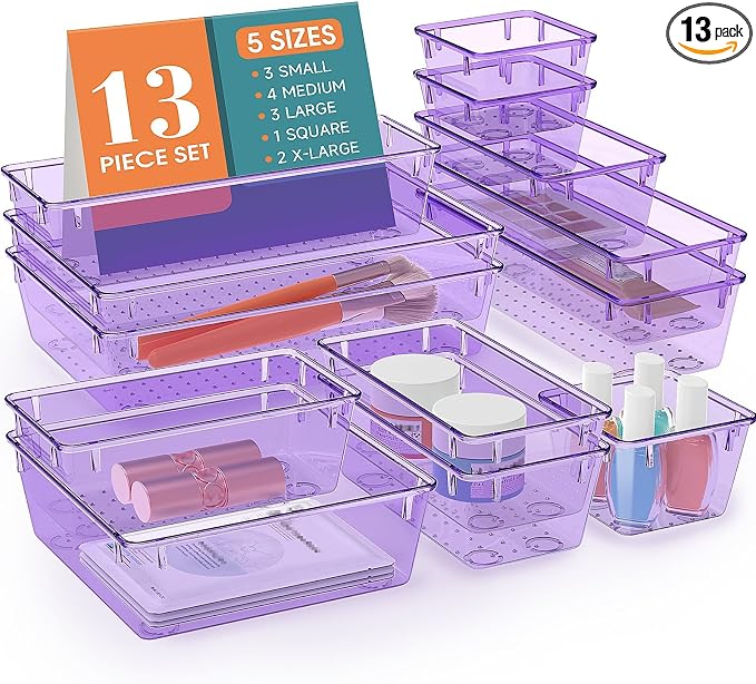 13 PCS Drawer Organizer Set, 5 Size Bathroom and kitchen organizer Trays | by StorMiracle