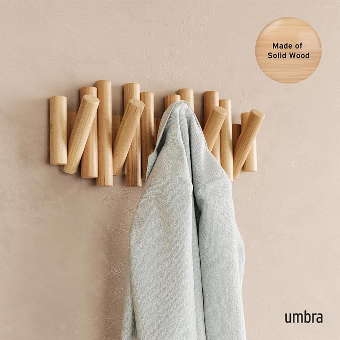 Umbra Picket Coat Rack, Wall Mount 5 Flip-Down Coat Hooks, Natural | Beveled - Image 2