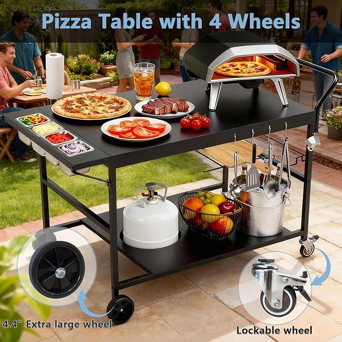 Pizza Oven Stand Table with Propane Storage, Outdoor Grill Carts with Wheels, Use for Outdoor Cooking BBQ, Fits Blackstone Griddle, Metal Black Large Size 47 * 27.5 Inch.