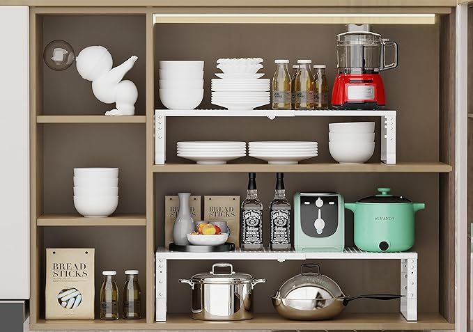Expandable Adjustable Stackable Kitchen Organizer, Spice Rack,Metal Pantry Storage Shelves Racks,Counter Shelf for Cabinets, Countertop, Cupboard (2 Packs/Medium/White)