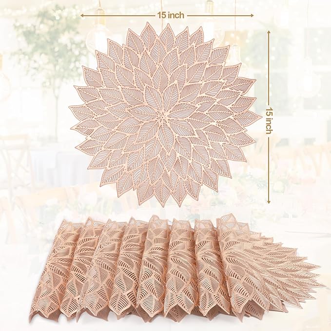 Placemats Set of 8, Round Hollow Out Flowers Place Mats for Dining Table Pressed Vinyl Blooming Leaf Table Mats for Holiday Party Wedding Accent Centerpiece Dinner Table Decoration (Rose Gold)