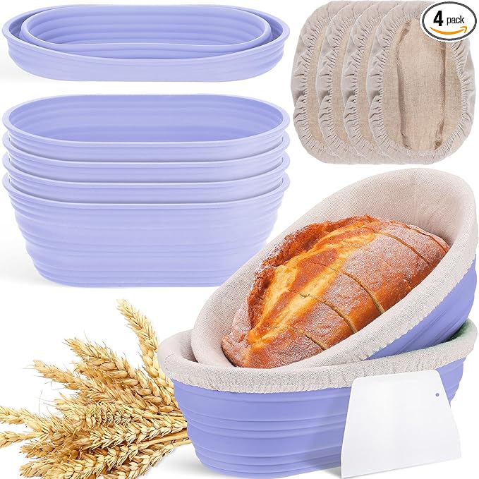Nuogo 4 Pack Oval Bread Proofing Basket Silicone 10 Inch Collapsible Sourdough Bread Baking Supplies Dough Proofing Bowl with 4 Pcs Dough Scraper and 4 Pcs Basket Covers(Purple)