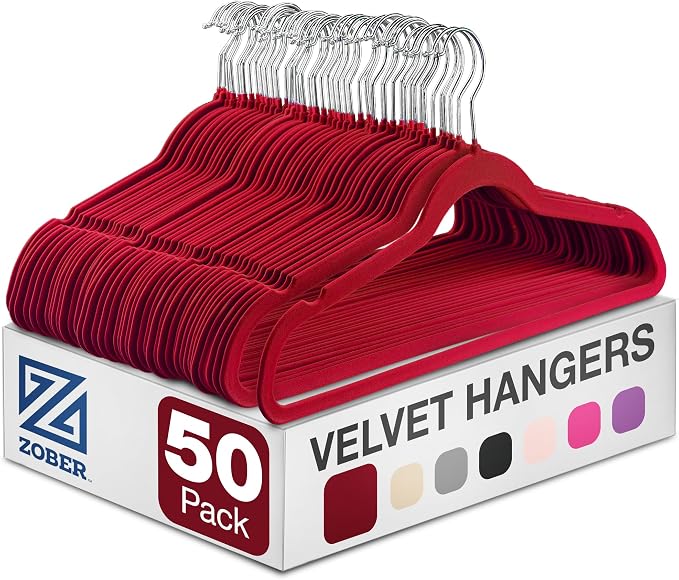 Zober Burgundy Velvet Hangers 50 Pack, Slim Non Slip Clothes Hangers | Slim by ZOBER