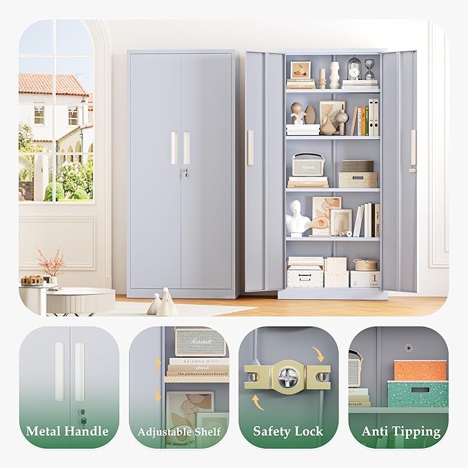 Crownland 63" Metal Storage Cabinet, Lockable Garage Storage Cabinets, High Office Cabinet with Adjustable Shelves for Garage, Home Office, Pantry, File(Cement Grey)