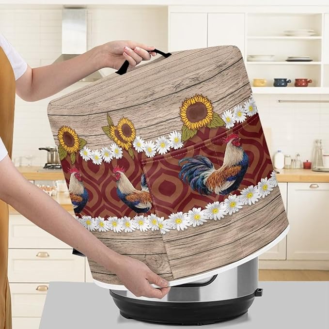 Air Fryer Cover Dust Cover Compatible with 3 Quart Instant Pot, Dust Protection Insulated Kitchen Appliance Cover with Top Handle and Storage Pockets for Gift, Daisy Rooster Wood Grain