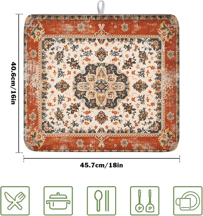Giwawa Ethnic Boho Dish Drying Mat Rust Coral Floral Decorative Dishes Pad - Image 2