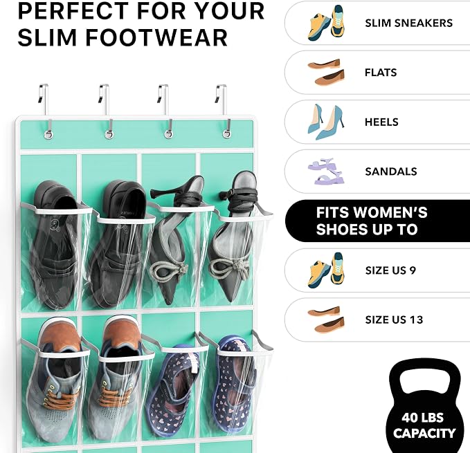 Simple Houseware 24 Pockets Clear Over the Door Shoe Organizer, Turquoise | 64" - Image 3