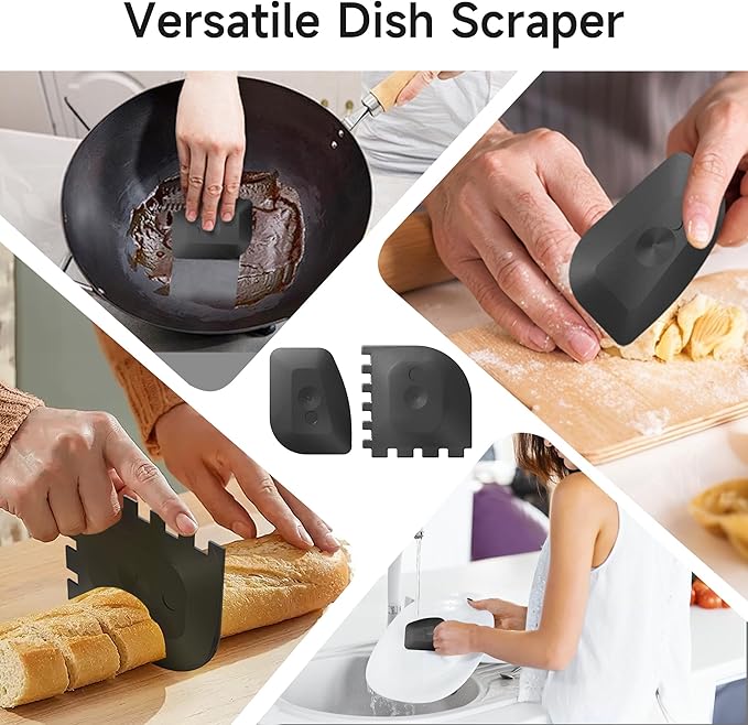 SUBEKYU Cast Iron Scrubber with Silicone Handle, Stainless Steel Skillet Cleaner for Cast Iron Pans (Pink Scrubber + Scraper)