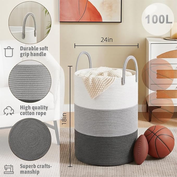 Artfeel Laundry Basket, Woven Cotton Rope Laundry Hamper, 100L - Image 6