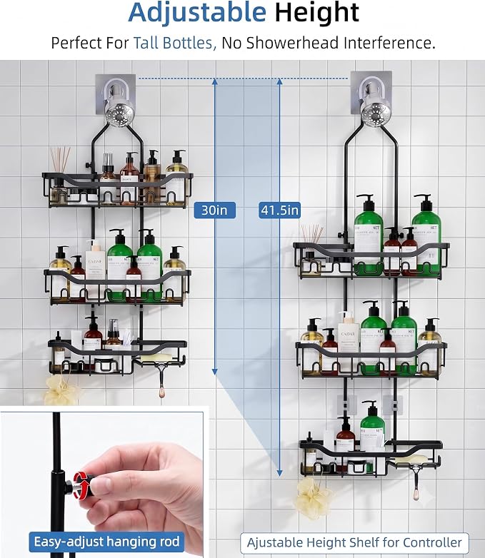 Adjustable Shower Caddy Hanging, Extended Length Organizer Over Shower Head - Image 3