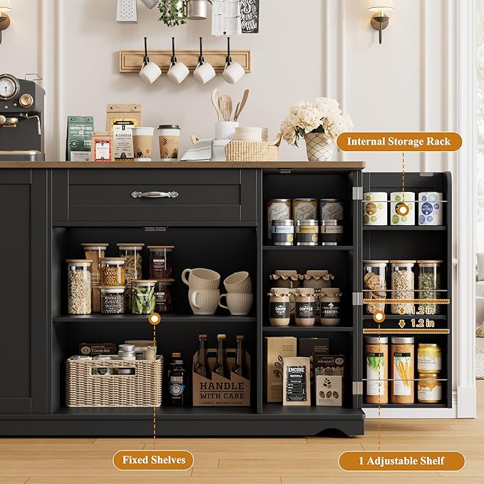 HOSTACK Kitchen Island Cart with Storage, 47'' Kitchen Storage Island on Wheels with 2 Drawers, Rolling Island Table with Adjustable Shelves, Mobile Buffet Sideboard Cabinet for Dining Room, Black