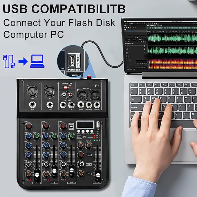 4 Channel mixer, DJ Mixer Board with Bluetooth and Usb, Audio Sound Card with Interface Recording and 48V Phantom Power, Sounds Mixer Board with FX Reverb Delay Effect for Streaming