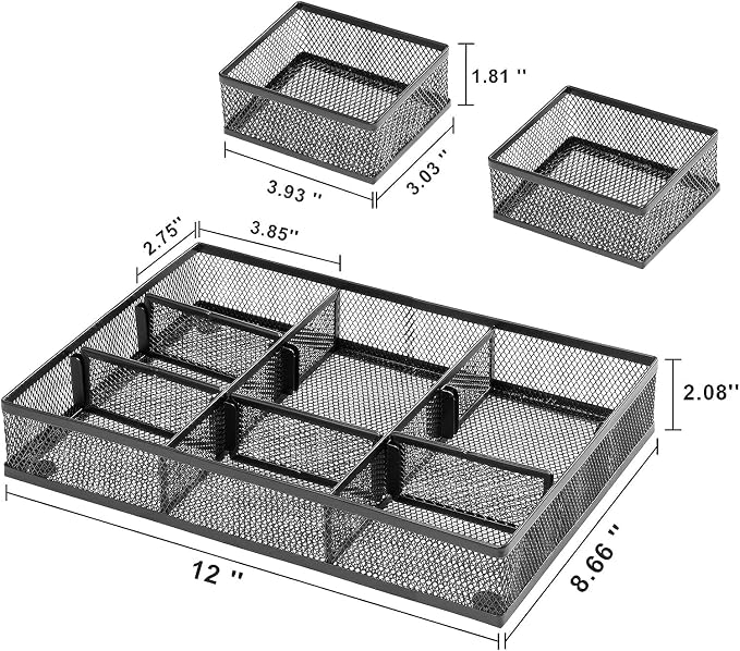 Marbrasse Mesh Desk Drawer Organizer Tray 3 Packs, 9 Adjustable Compartments - Image 7