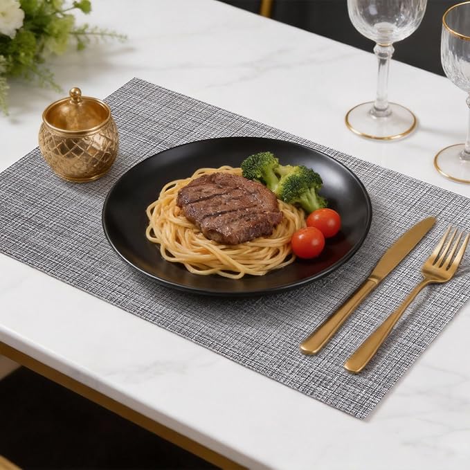 Timeet Placemats Set of 6, Heat Resistant Non-Slip Place Mats, Durable Washable PVC Vinyl Woven Table Mats, Linen Textured Table Placemats for Dining Kitchen Resistant Easy to Clean(Gray)
