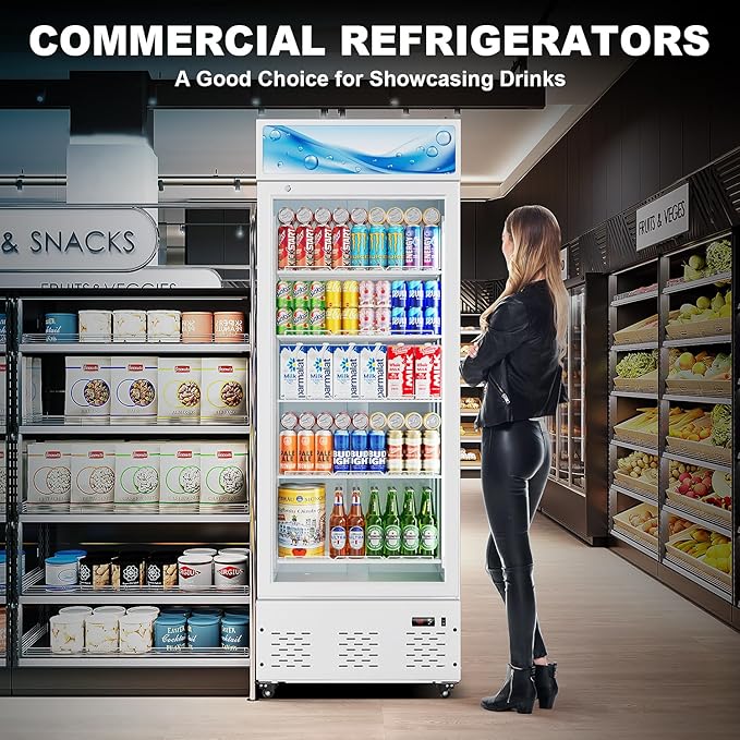 15 Cu.ft. Commercial Beverage Fridge Merchandiser Refrigerator Glass Door Upright Display Cooler with LED Light and Adjustable Shelves for Restaurant Grocery Stores Home, White