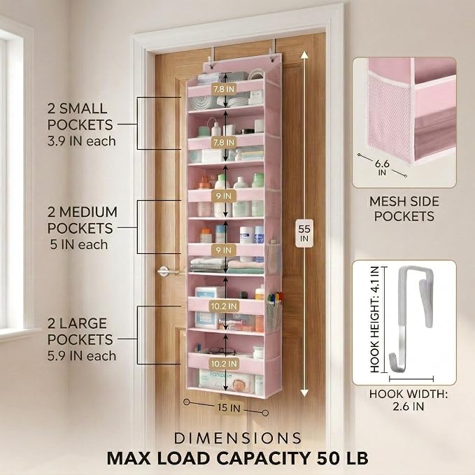 HOMELUX THEORY Over the Door Organizer, 100D Fabric, Baby Pink 2pc - Image 2