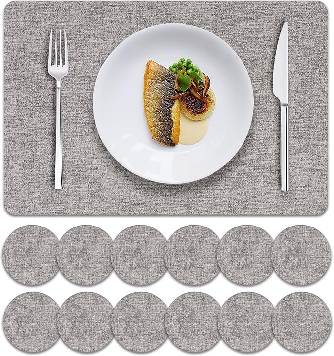 MOSAYT Faux Leather Placemats Set of 12-12 x 18 Inch - Heat Resistant Vinyl Place Mats with Coasters, Wipeable Washable Waterproof Oil Proof Table Mats for Kitchen Dining Indoor Outdoor, Light Grey