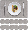 MOSAYT Faux Leather Placemats Set of 12-12 x 18 Inch - Heat Resistant Vinyl Place Mats with Coasters, Wipeable Washable Waterproof Oil Proof Table Mats for Kitchen Dining Indoor Outdoor, Light Grey