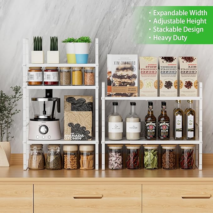 Expandable Cabinet Storage Shelf Stackable Organizer Rack for Kitchen Bathroom Pantry Spice Cupboard Countertop Home Office Desk Heavy Duty Nonslip White Large 3 Pack