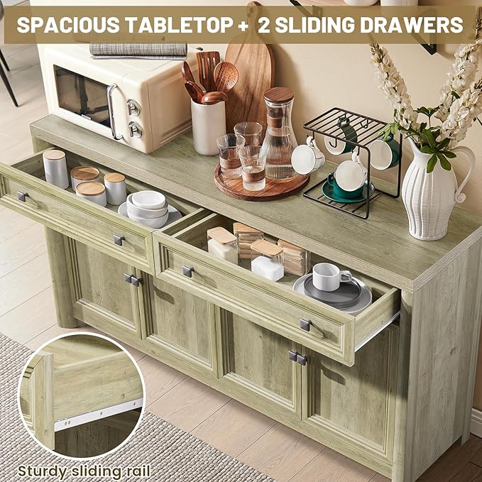 Farmhouse Buffet Cabinet with Storage, 59" Large Sideboard Credenza with Adjustable Shelves & 4 Doors, Wood Rustic Kitchen Coffee Bar Console for Table Living Room, Natural