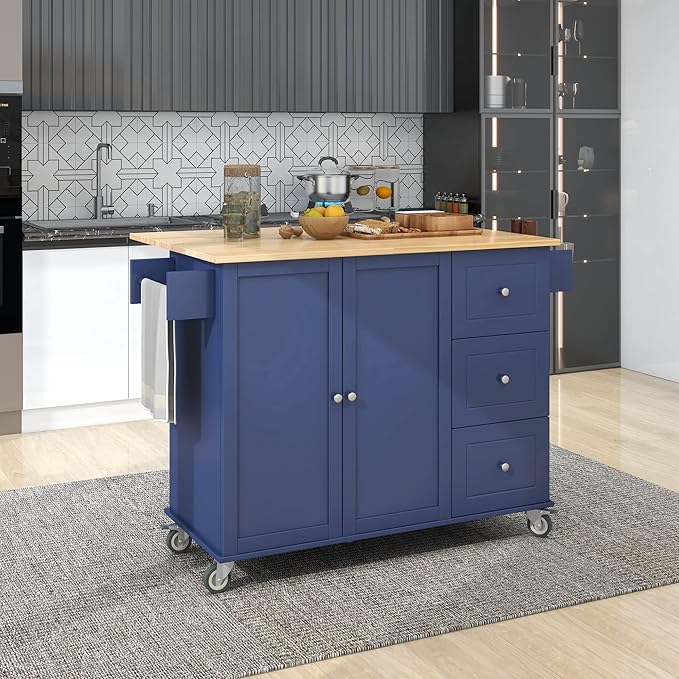 Favfurish 52.7" Rolling Mobile Kitchen Island Cart with Drop Leaf Wood Top, Adjustable Shelves Coffee Bar Trolley on Lockable Casters & Storage Cabinet & 3 Drawers for Dining Room, Dark Blue