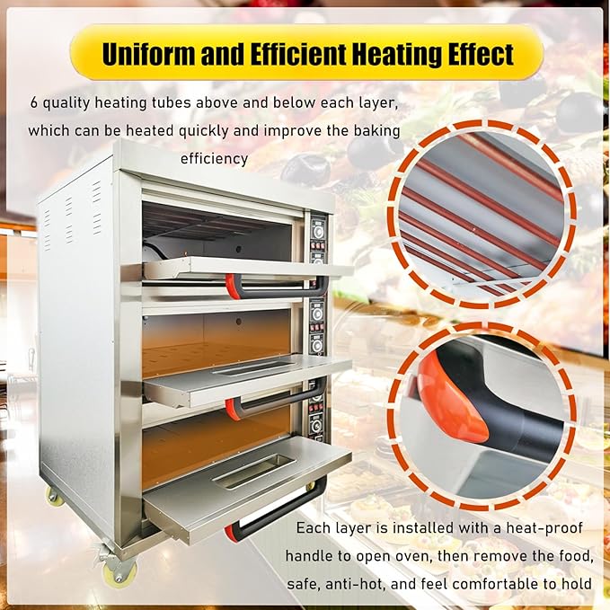Commercial Pizza Oven Electric Heating Triple Pizza Oven Electric Pizzeria Baking Equippment with Three Layer and Six-Plates Capacity, AC220V Triphase